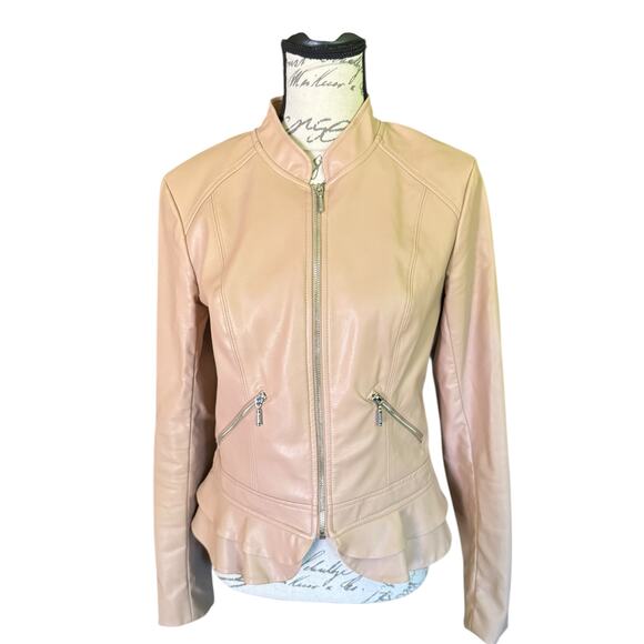 Guess Faux Vegan Leather Zipper Front Beige Jacket Size Medium - Picture 1 of 7